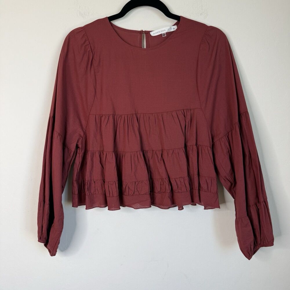 Altar'd State XS Wine Red Long Sleeve Babydoll Tiered Top Cropped Boho Western